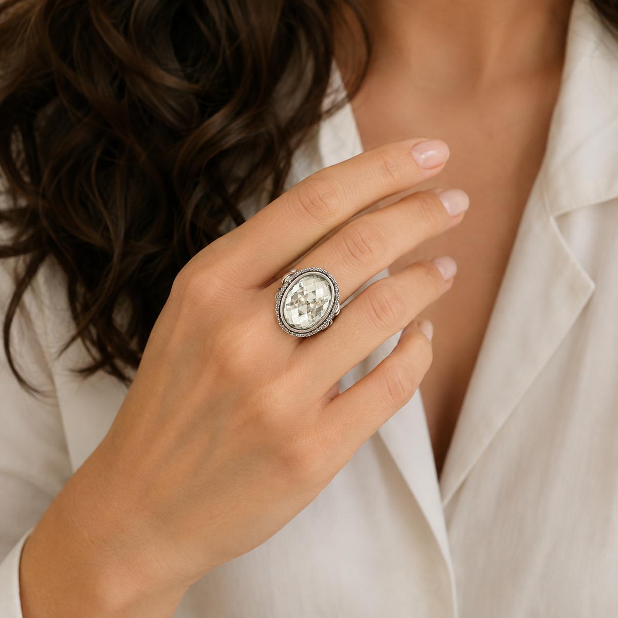 David Yurman Oval Checkerboard Faceted Prasiolite Diamond Albion 18KYG/SS Ring