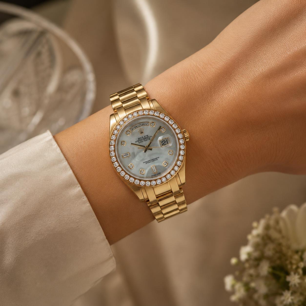 Rolex 39mm Day-Date Masterpiece Mother Of Pearl Diamond 18KYG Watch