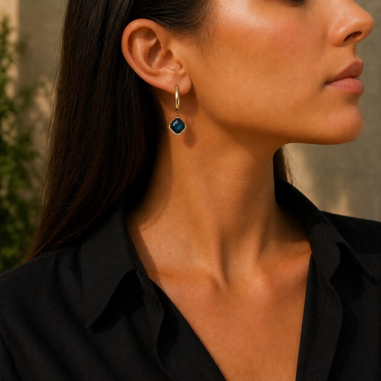 Checkerboard Faceted Blue Topaz Diamond 14 Karat Yellow Gold Dangle Earrings