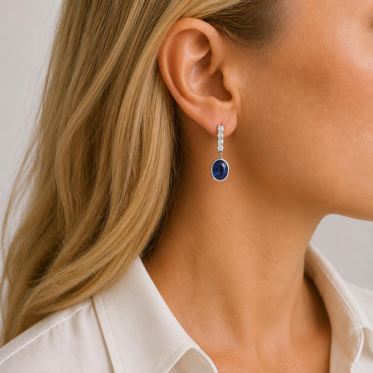 Oval Blue Sapphire Diamond 18 Karat White Gold Drop Modern Dangle Earrings
