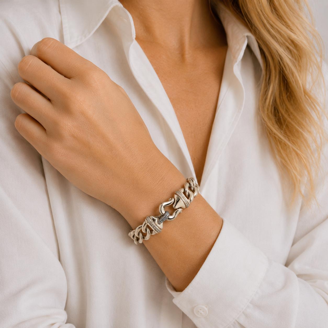 David Yurman Diamond Clasp Sterling Silver Link Bracelet 7 Inches