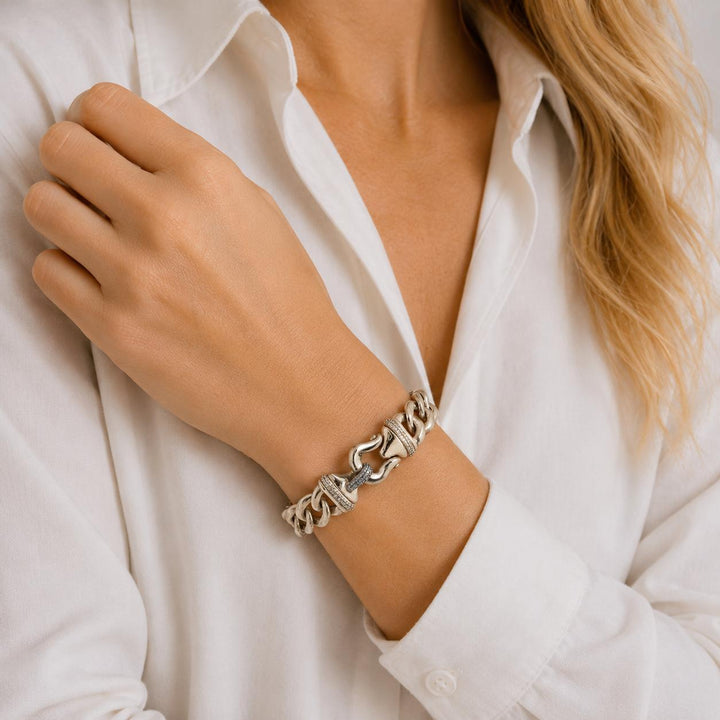 David Yurman Diamond Clasp Sterling Silver Link Bracelet 7 Inches