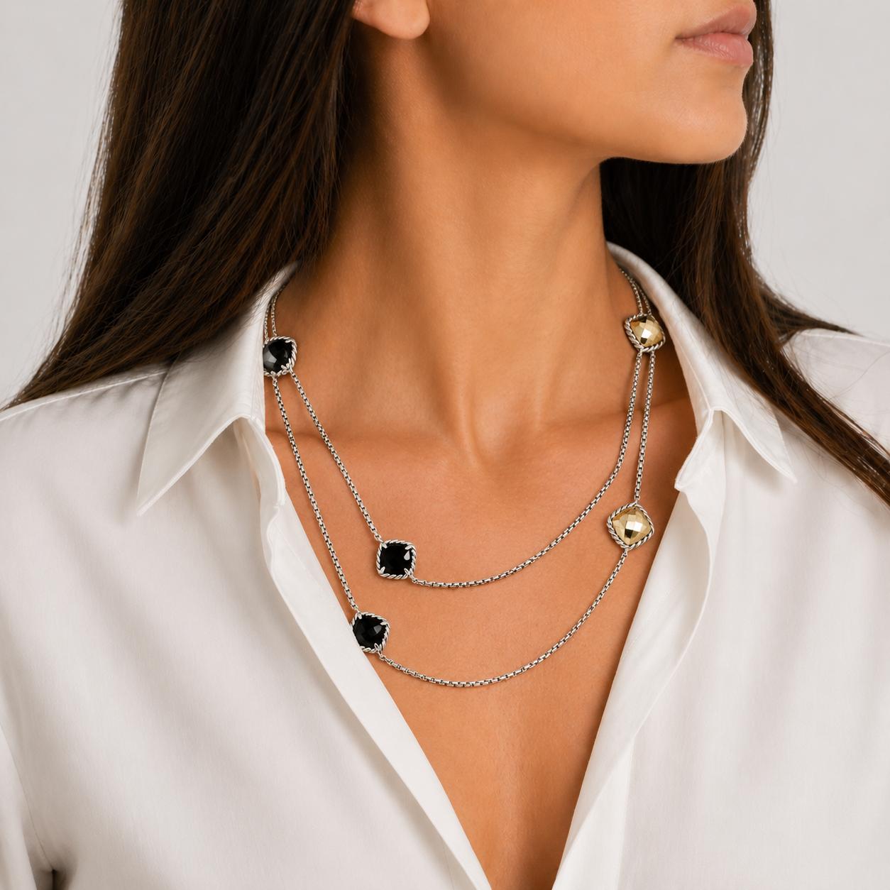 David Yurman Onyx 18 Karat Yellow Gold 6 Station 36 Inch Sterling SilverNecklace