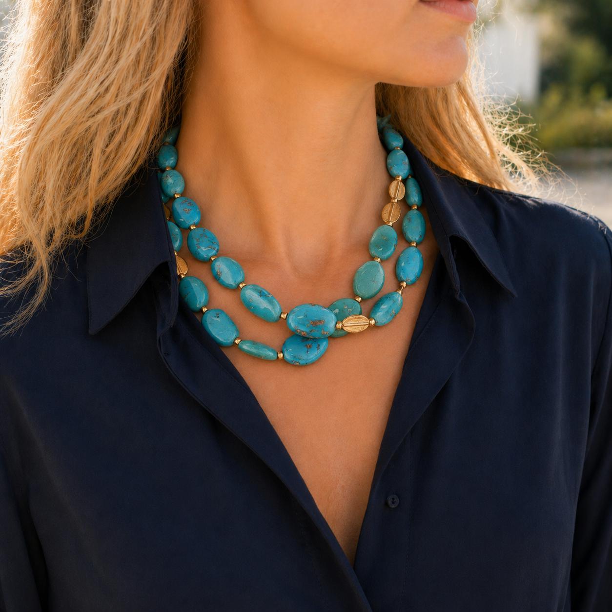 Double Strand Turquoise Gemstone 24 Karat Yellow Gold Necklace Yossi Harari