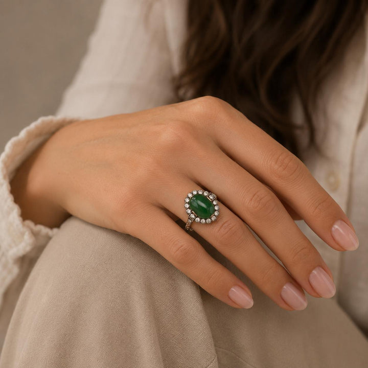 1960's Oval Cabochon Jade Diamond Yellow Gold & Silver Vintage Cocktail Ring
