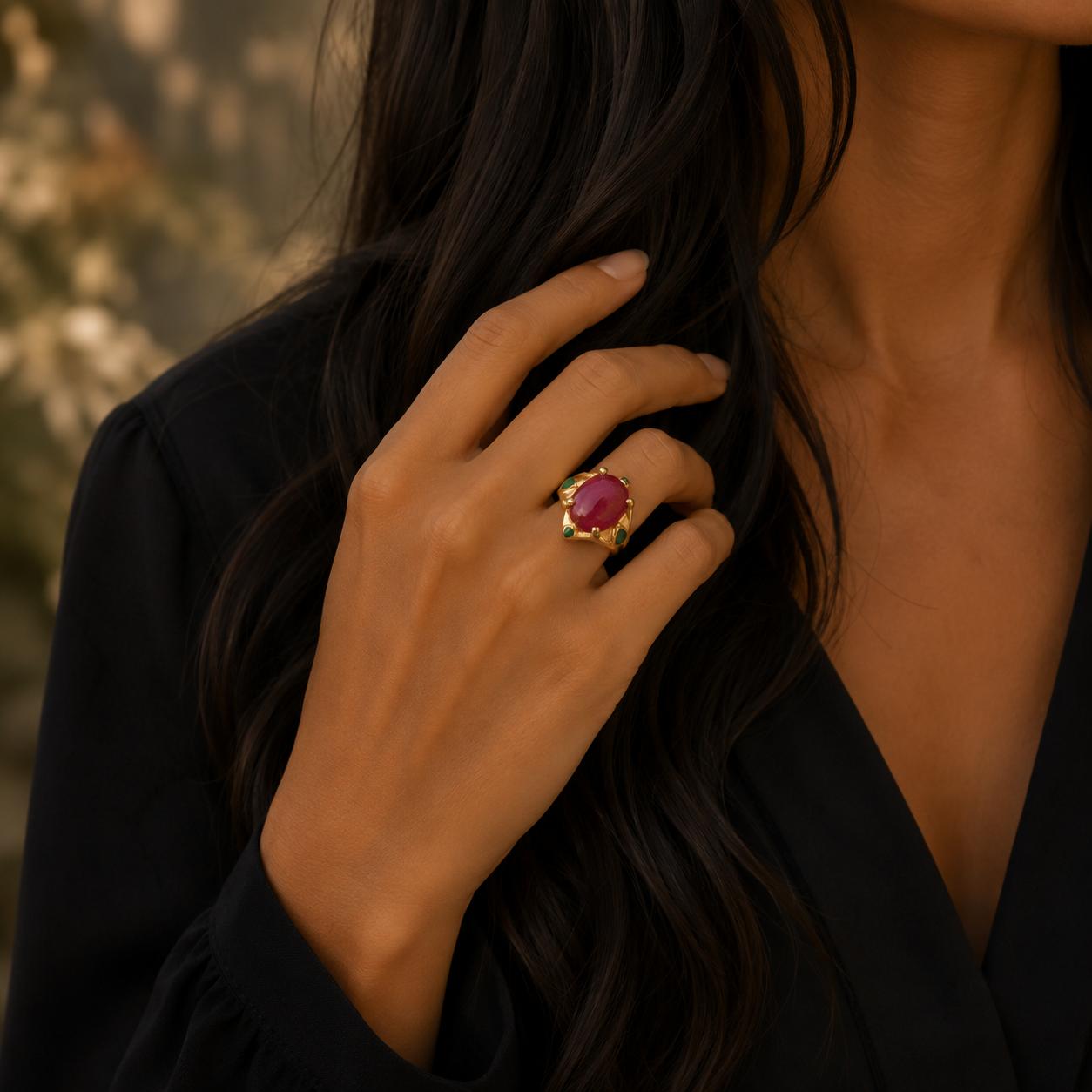 24 Karat Yellow Gold Cabochon Pink Tourmaline & Jade Statement Ring