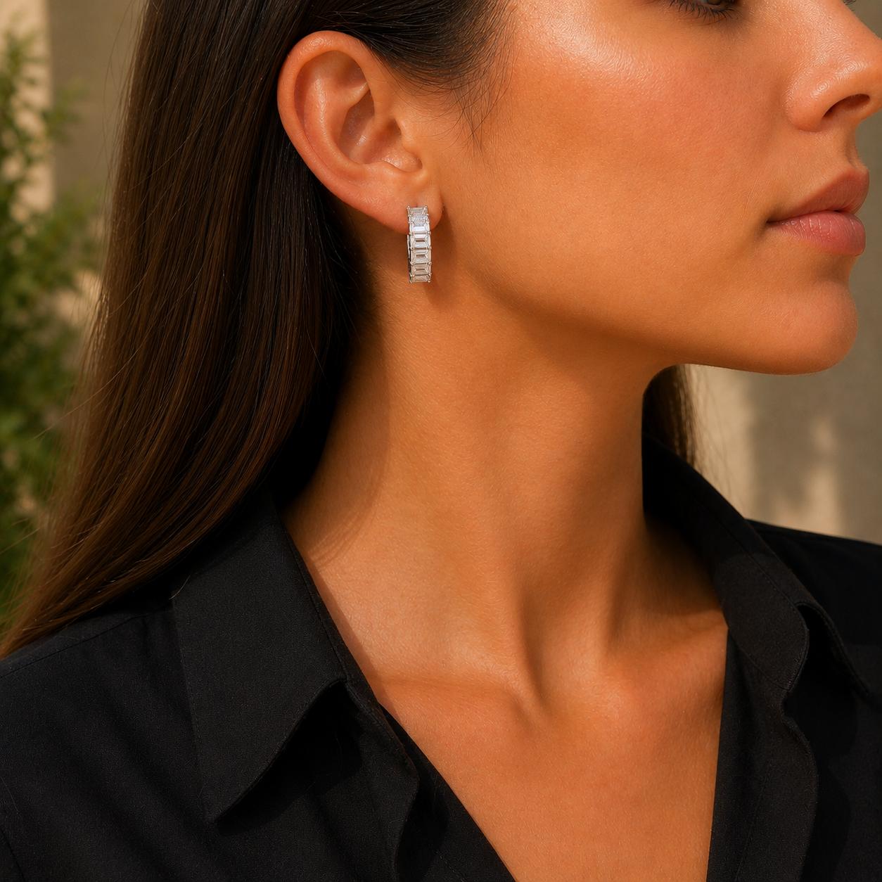 Emerald Cut Diamond Half Hoop 18 Karat White Gold Earrings Modern
