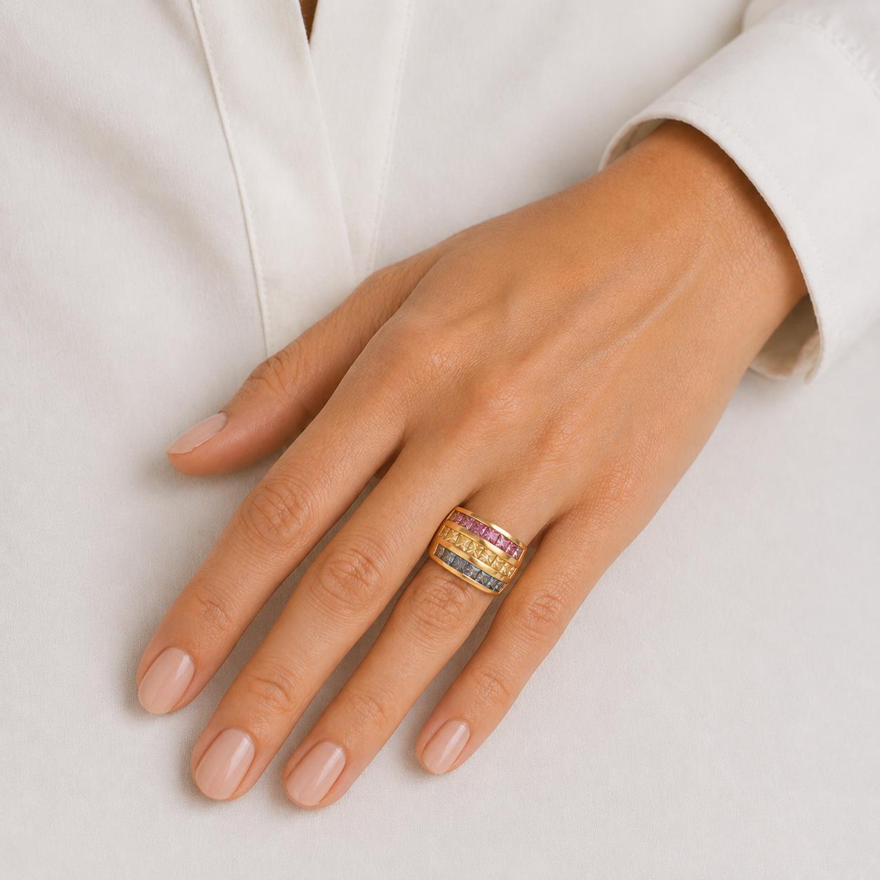 Rainbow Pink Yellow Blue Sapphire Three Row 18 Karat Yellow Gold Band Ring