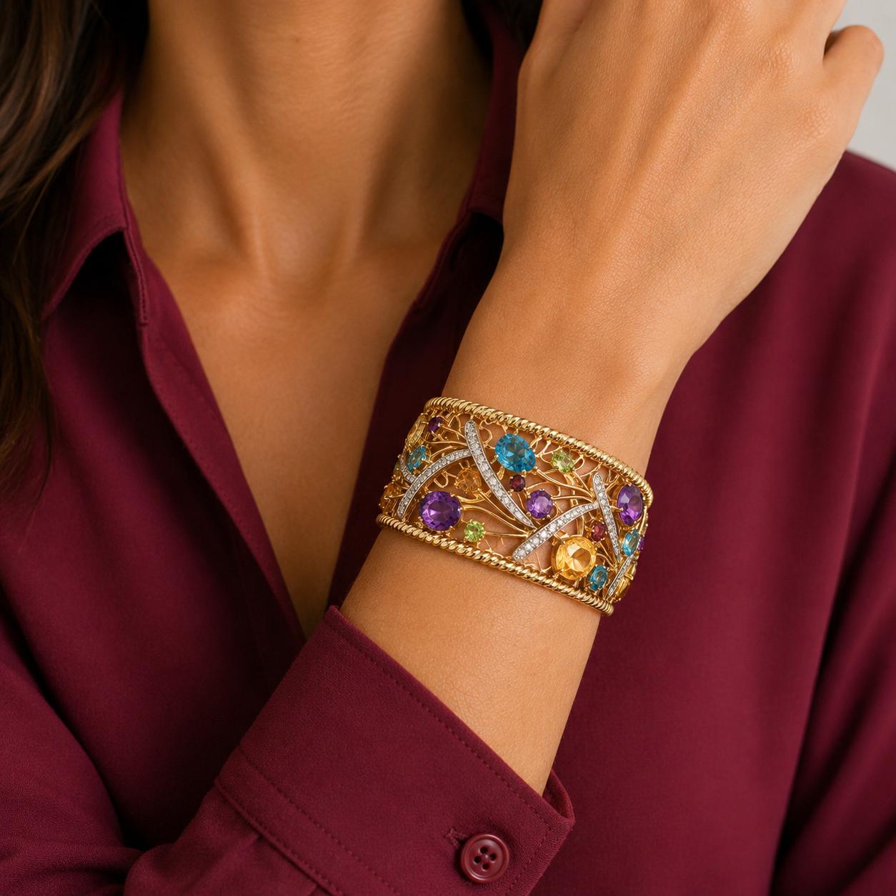 Diamond Colorful Gemstone 14 Karat Yellow Gold Hinged Cuff Bangle Bracelet