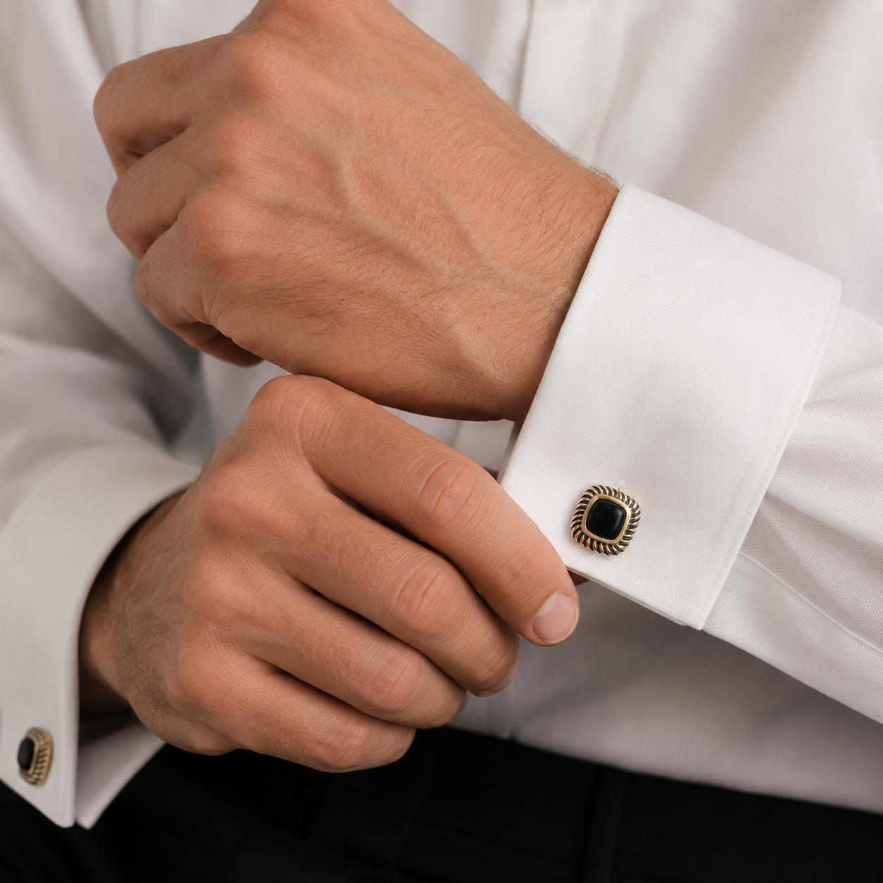 David Yurman Black Onyx 14K Yellow Gold/SS Gents Cable Classic Cufflinks