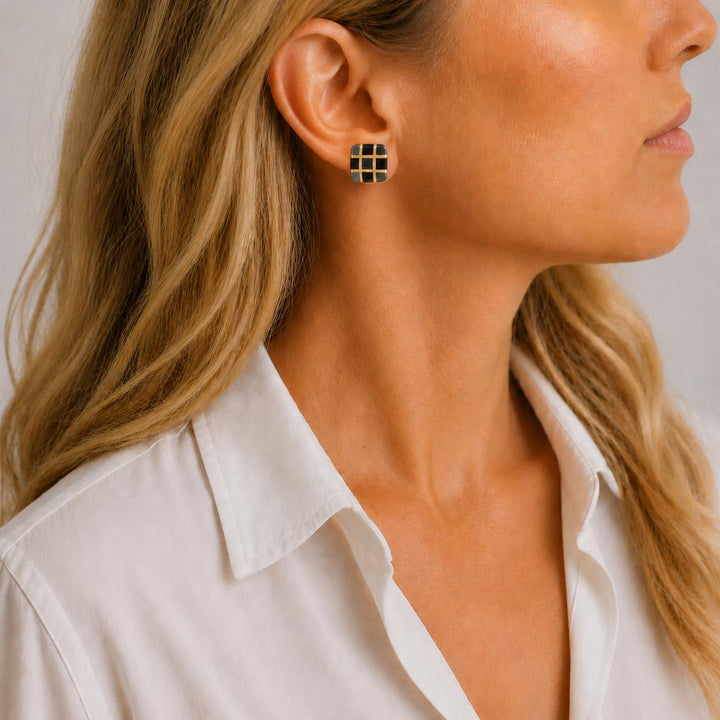 Angela Cummings Hematite Black Jade Checkerboard 18 Karat Yellow Gold Earrings
