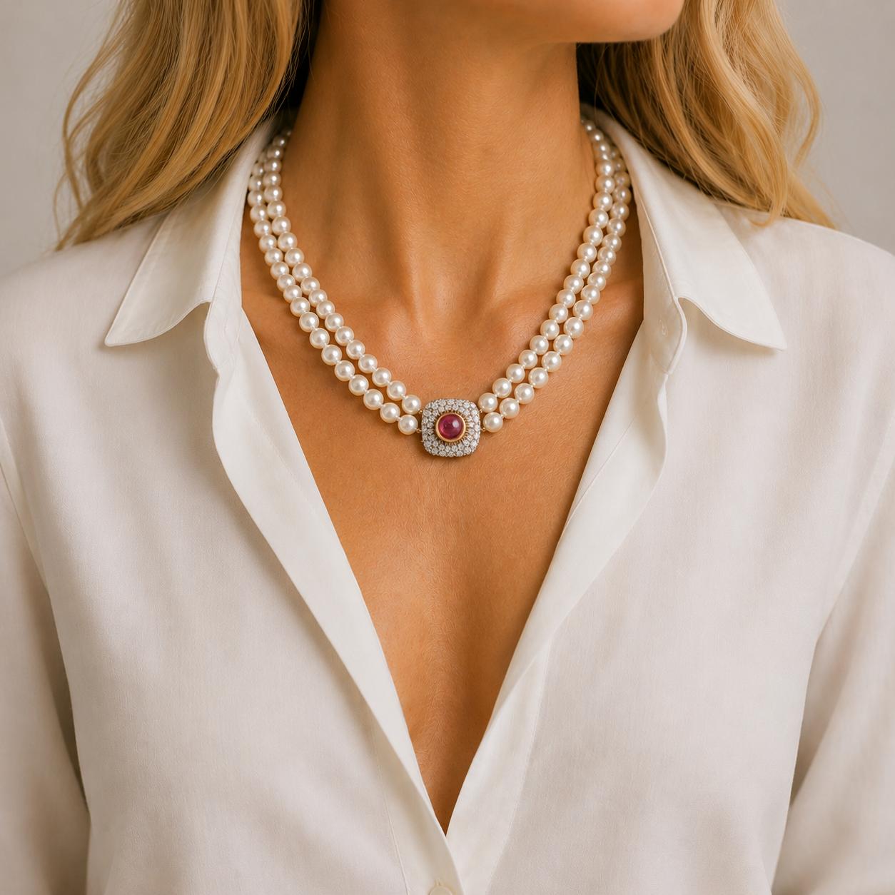 32 Inch Double Strand Cultured Pearl Necklace with Diamond Ruby Clasp