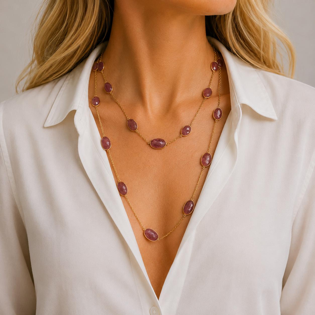 Pink Sapphire 18 Karat Yellow Gold "By The Yard" Link Necklace 36 Inches