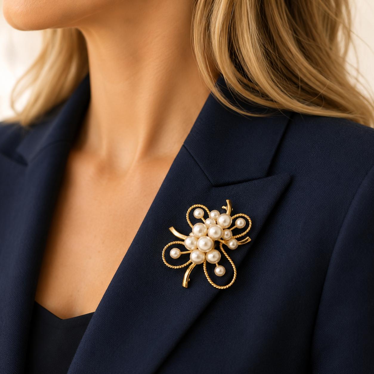 Mikimoto Pearl 14 Karat Yellow Gold Clover Vintage Brooch Pin