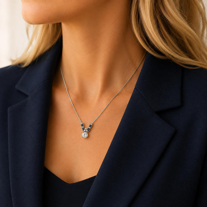 Round Brilliant-Cut Diamond Sapphire Pendant 14 Karat White Gold Necklace