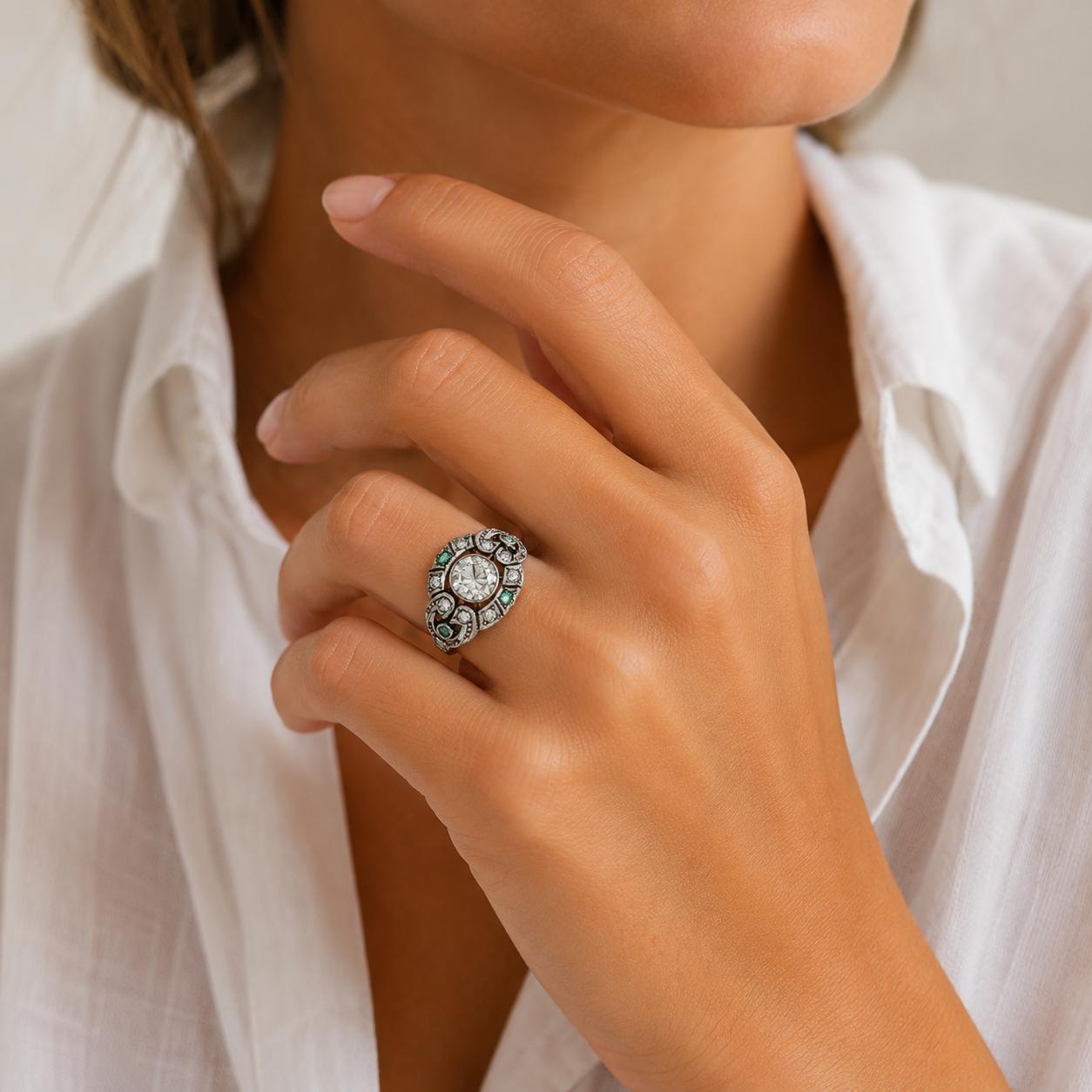 Old European-Cut Diamond Emerald Platinum/14KRG Antique Cocktail Engagment Ring