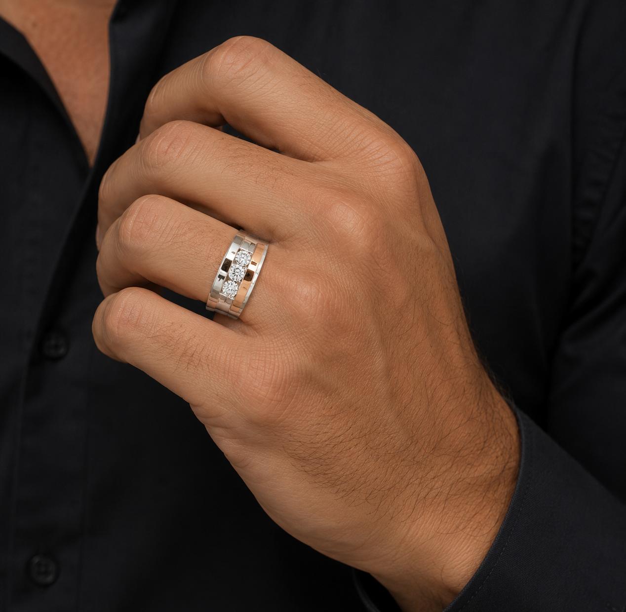 Gents Diamond 14 Karat White & Rose Gold Three Stone Band Ring