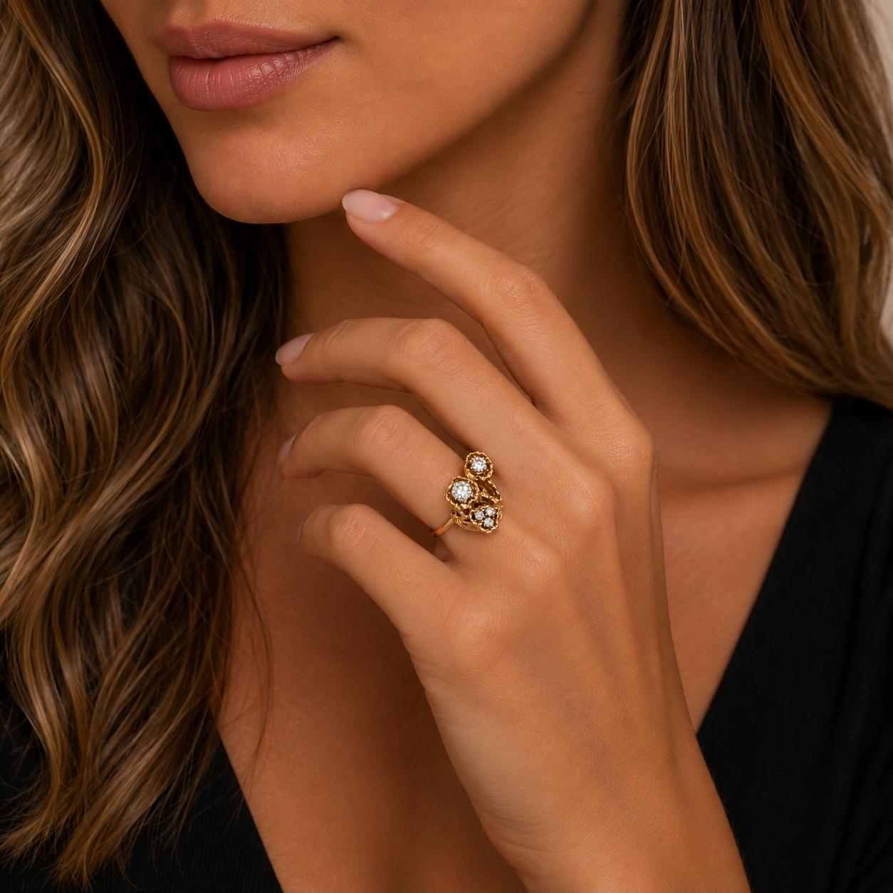 Freeform Diamond 14 Karat Yellow Gold Textured Vintage Ring
