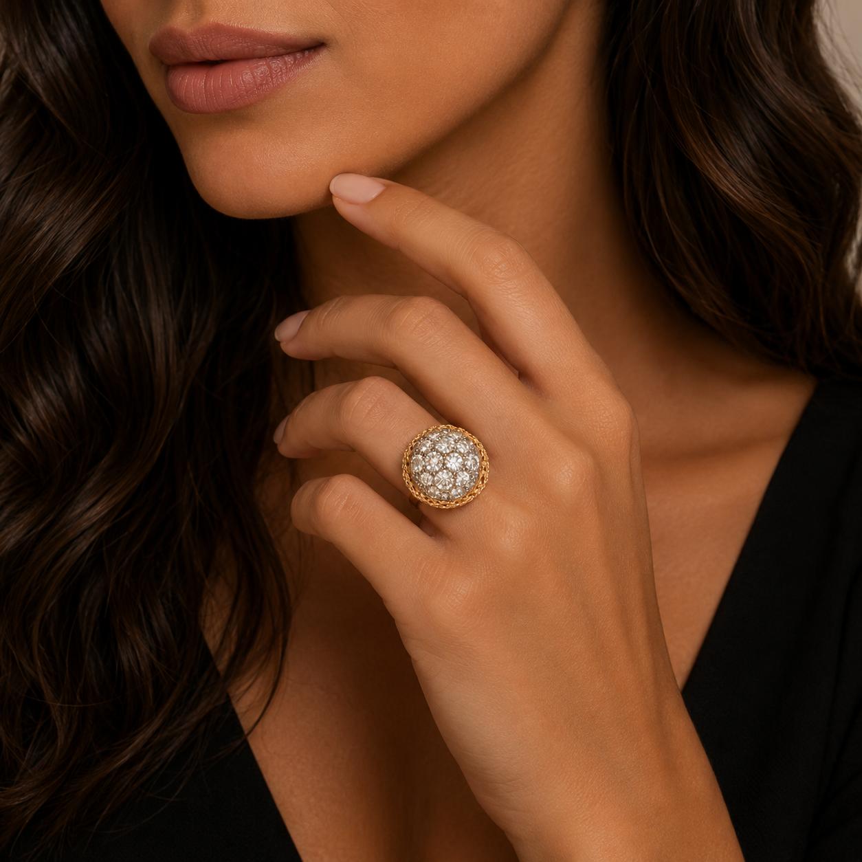 1960's Diamond Cluster 18 Karat Yellow Nugget Textured Gold Vintage Ring