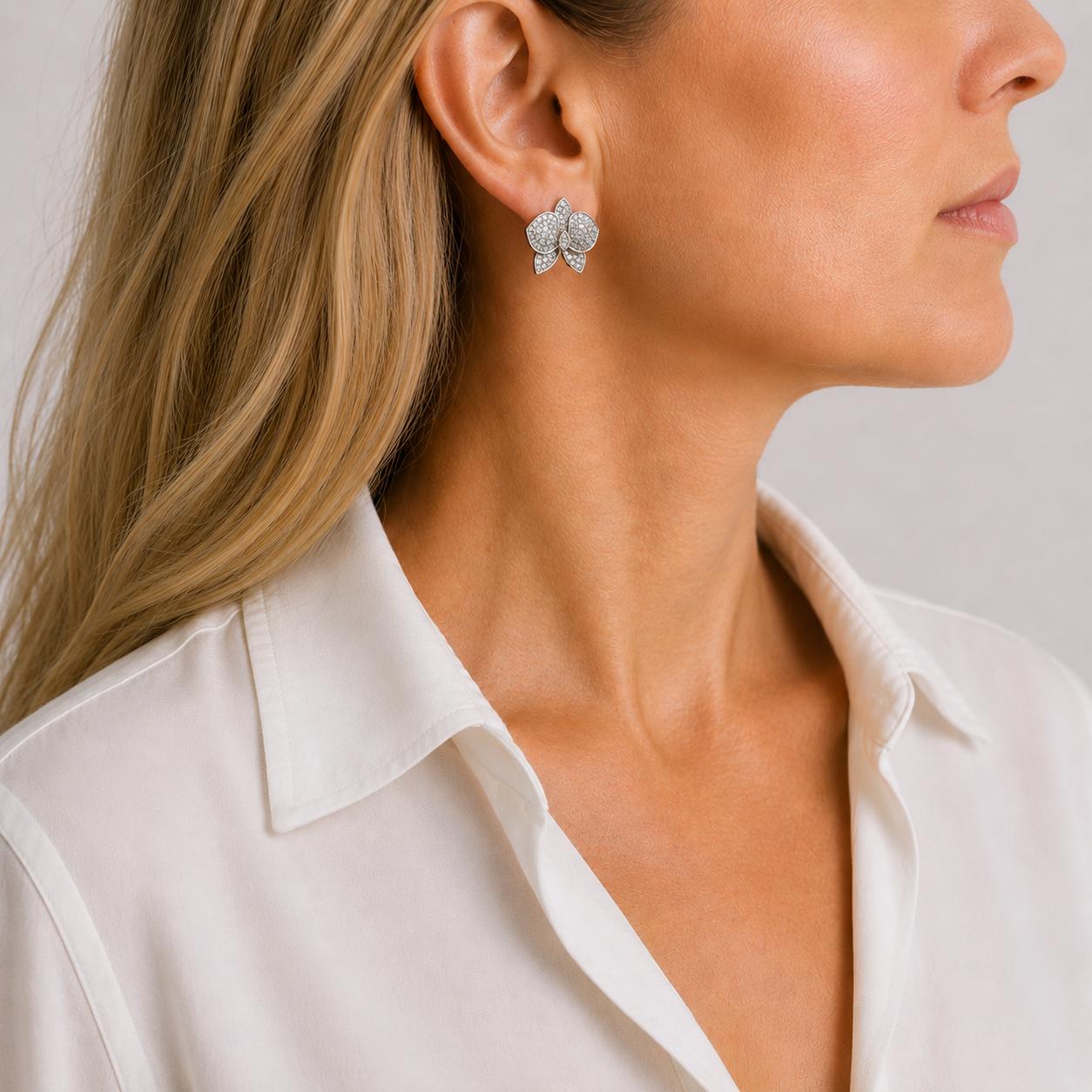 Cartier Caresse D'orchidees Diamond 18 Karat White Gold Omega Back Earrings