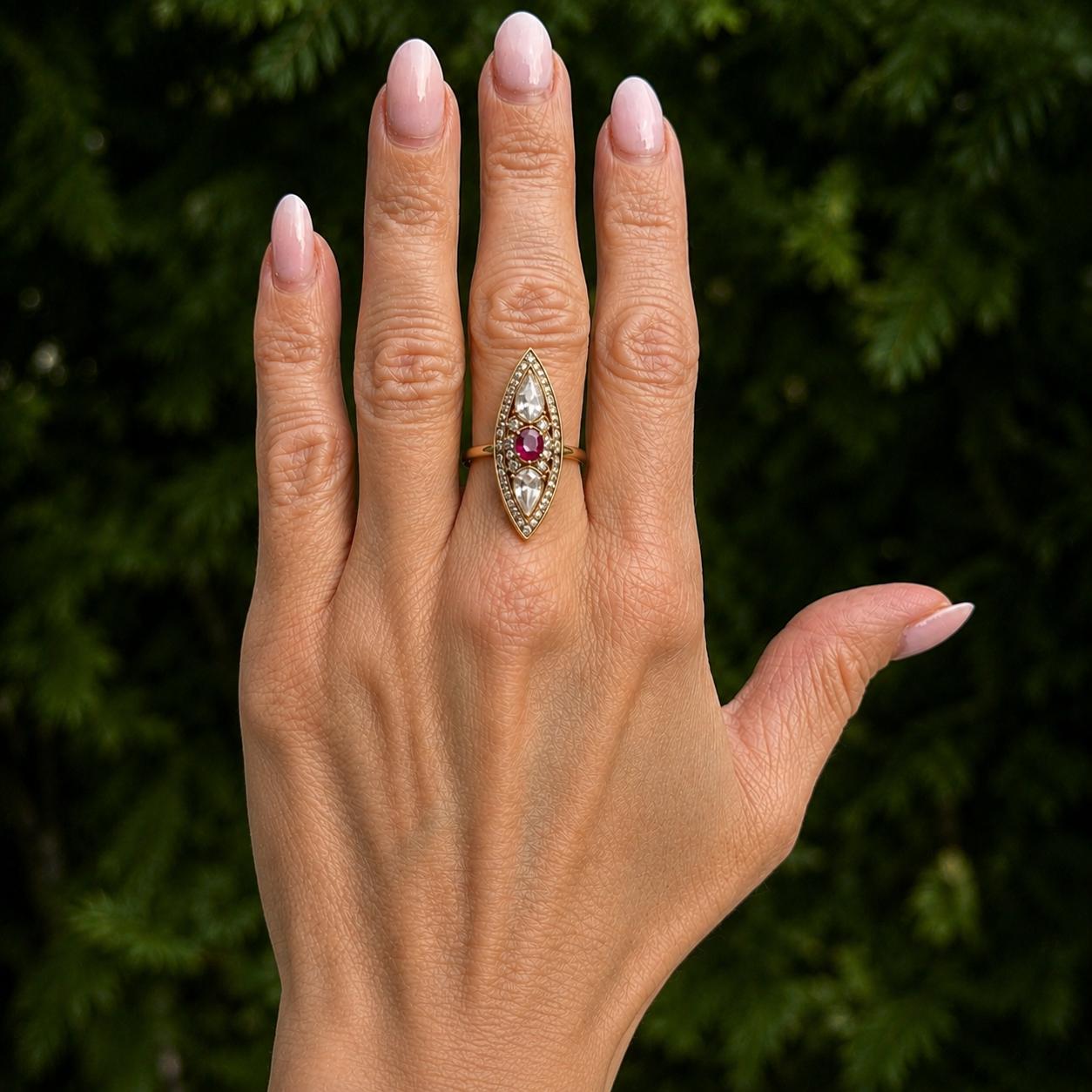 Antique Old Cut Marquise Diamond Pink Sapphire Navette 18KYG Ring