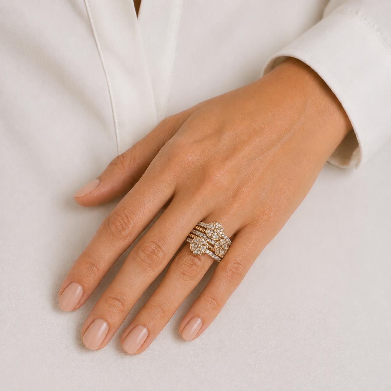 Diamond Multi-Row 14 Karat Yellow Gold Floral Motif Wide Band Ring Modern