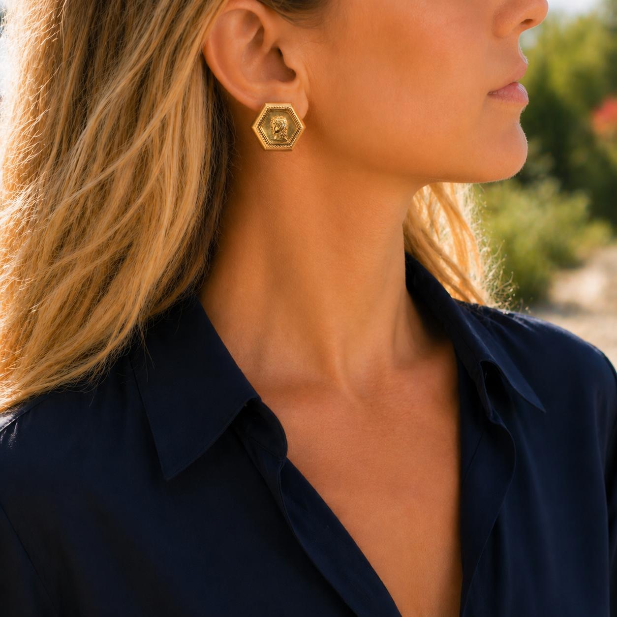 Greek Athena 18 Karat Yellow Gold Octagonal Diamond Earclip Earrings