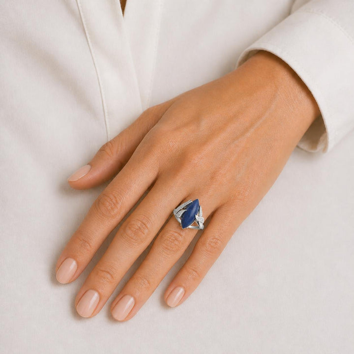 Marquise-Shape Cabochon Lapis Lazuli Diamond 14 Karat White Gold Vintage Ring