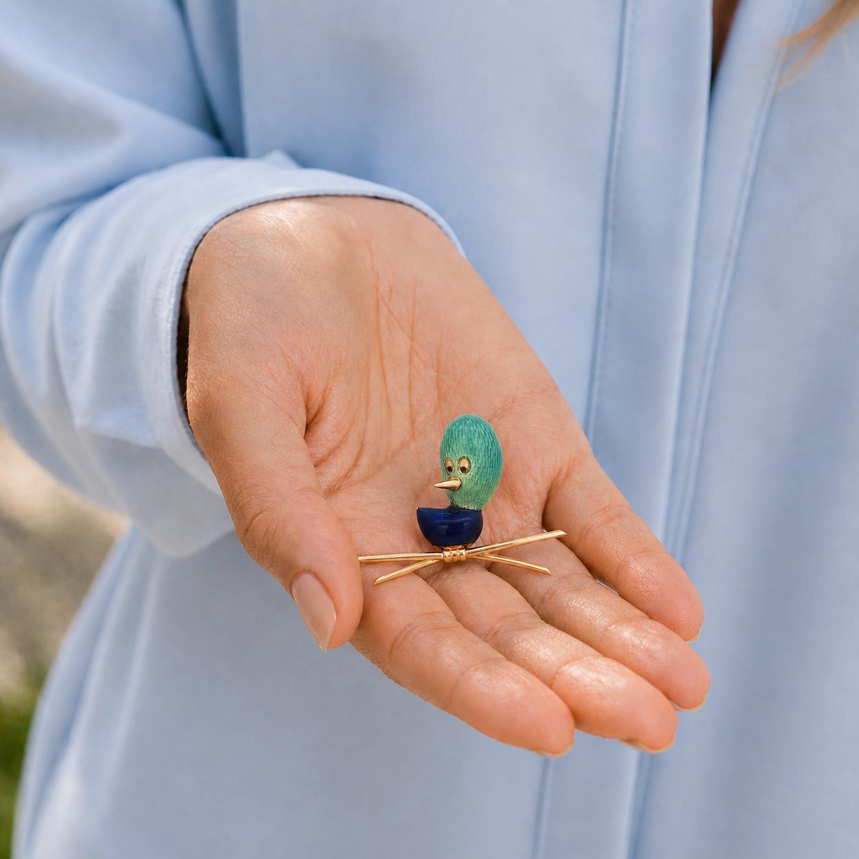 Blue Enamel 18 Karat Yellow Gold Italian Bird Pin Brooch Via De Gioielli