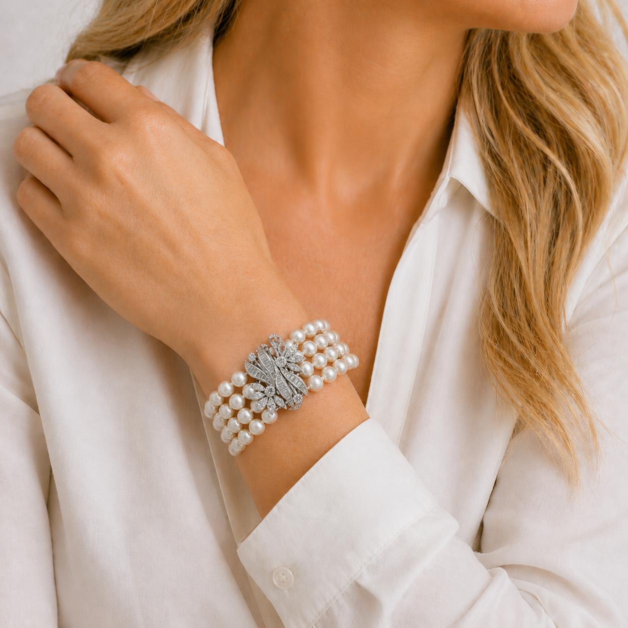 Multi-Row Pearl Bracelet Diamodn 14 Karat White Gold Clasp
