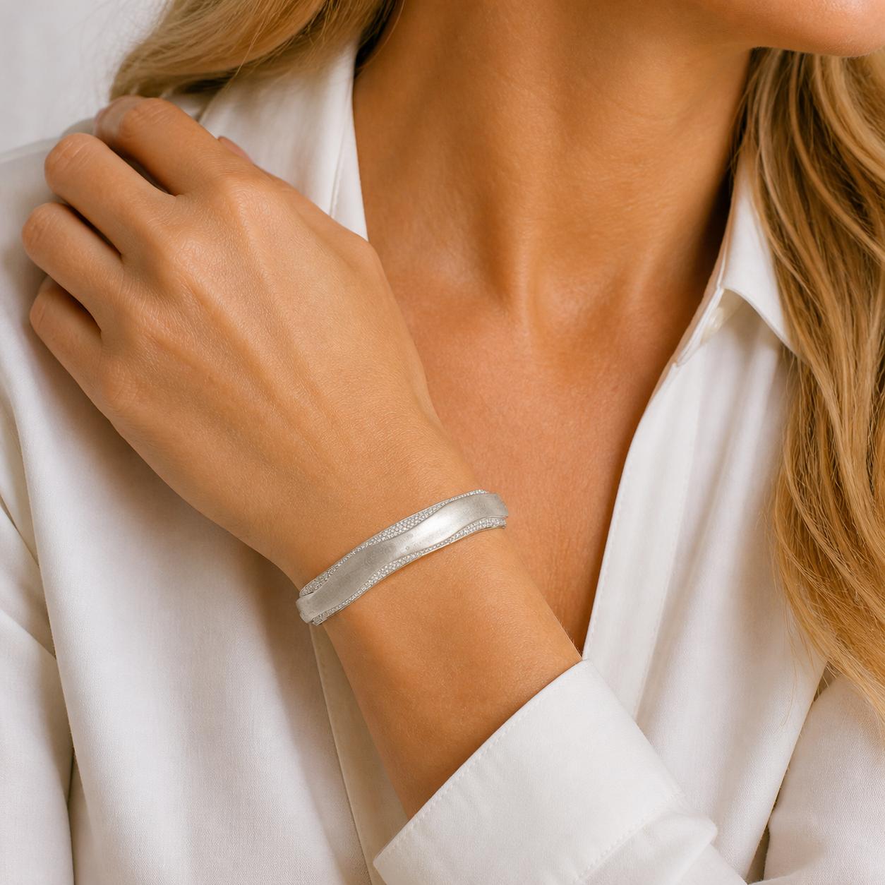 Diamond Satin Finish Sterling Silver Wavey Hinged Bangle Bracelet