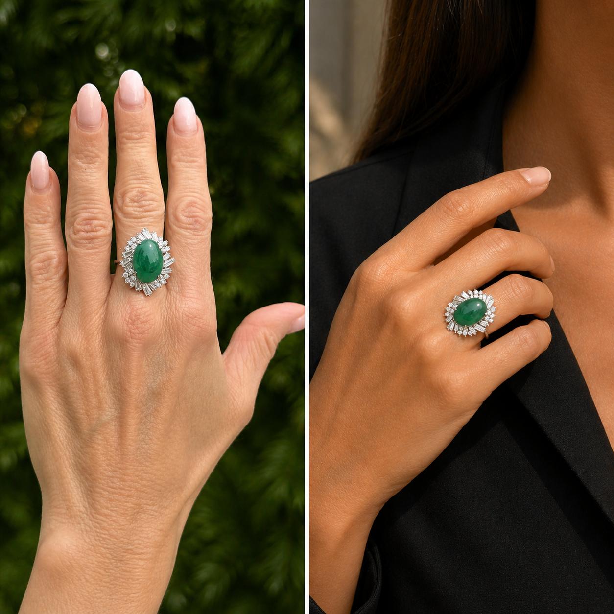 Imperial Fei Cui Jade & Diamond Platinum Ballerina Style Ring GIA Certified