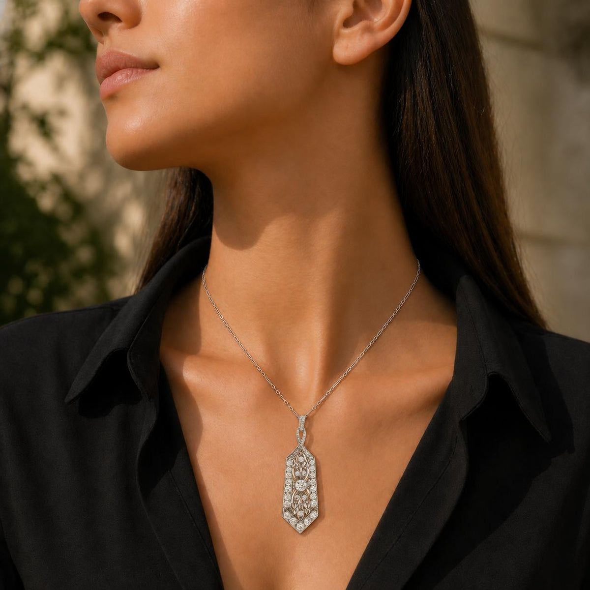 Art Deco Diamond Platinum Pendant Vintage Link Necklace