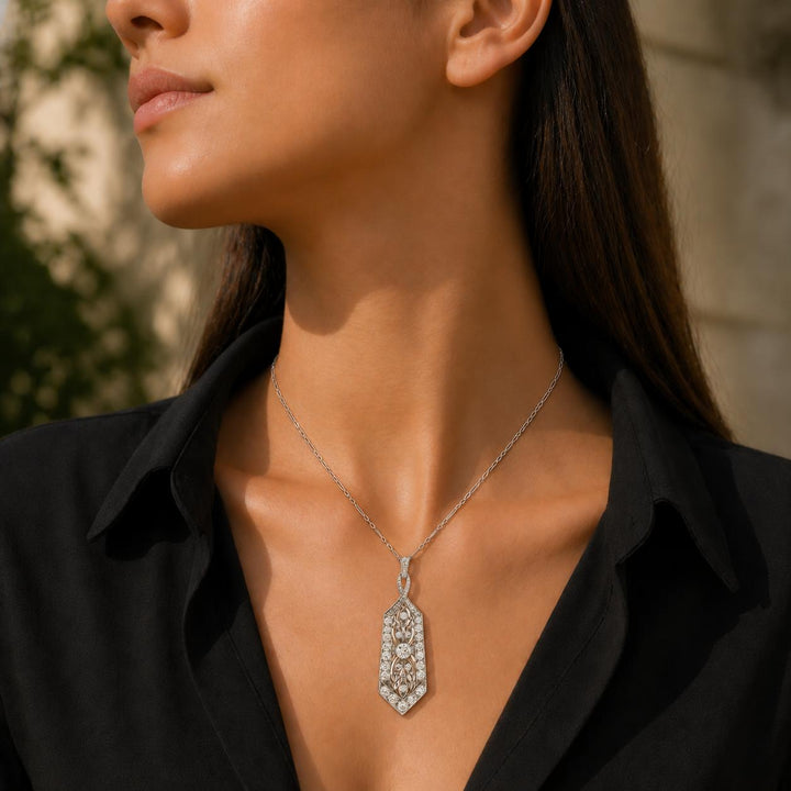 Art Deco Diamond Platinum Pendant Vintage Link Necklace