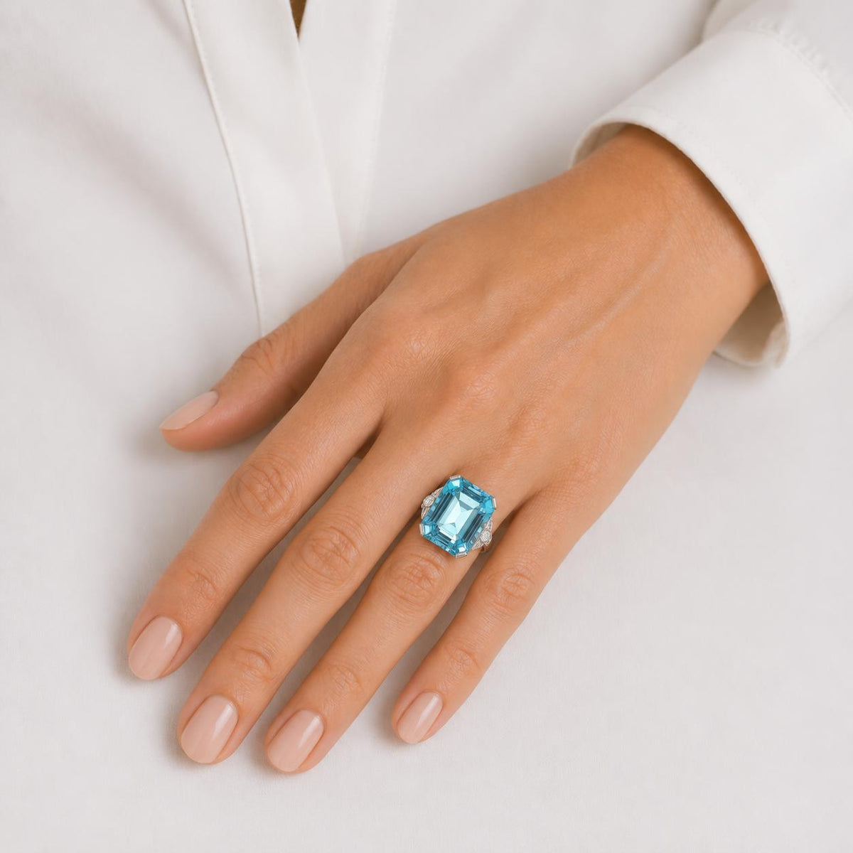 1930's Emerald Cut Aquamarine Diamond Platinum Cocktail Ring