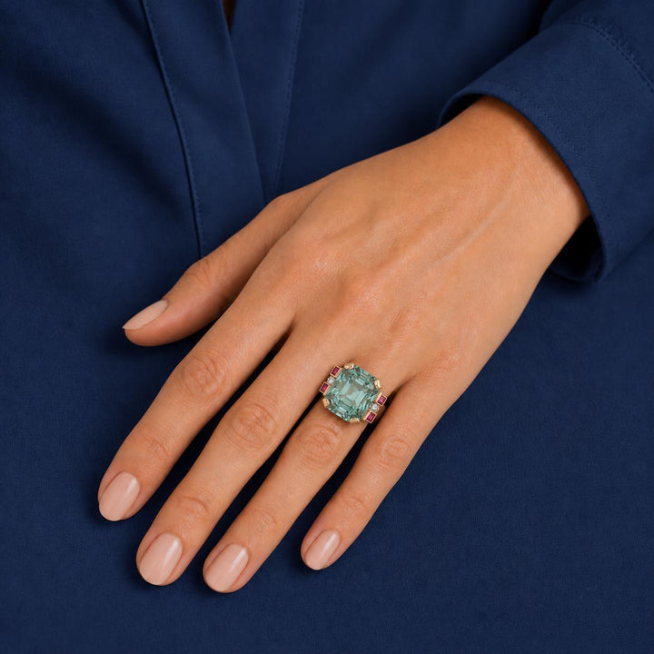 Retro Aquamarine Ruby Diamond Cocktail Rose Gold Ring