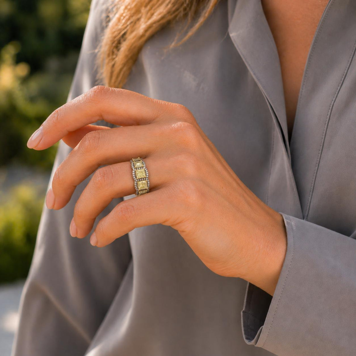 Fancy Yellow Diamond 18 Karat Two Tone Gold Wedding Anniversary Band Ring