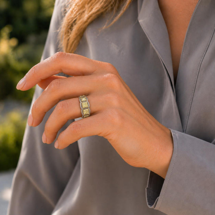 Fancy Yellow Diamond 18 Karat Two Tone Gold Wedding Anniversary Band Ring