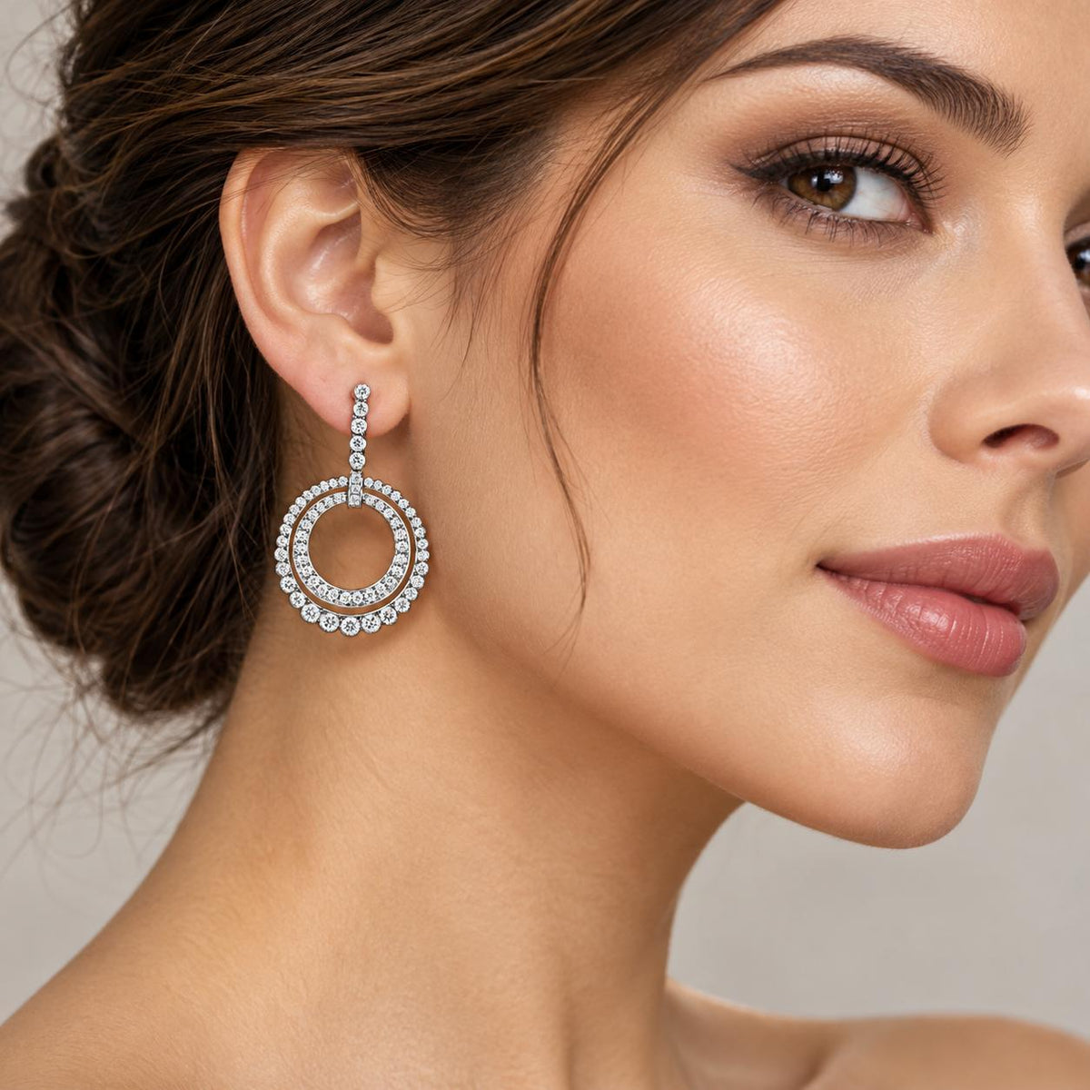 Diamond Platinum Double Cirlce Drop Dangle Modern Earrings