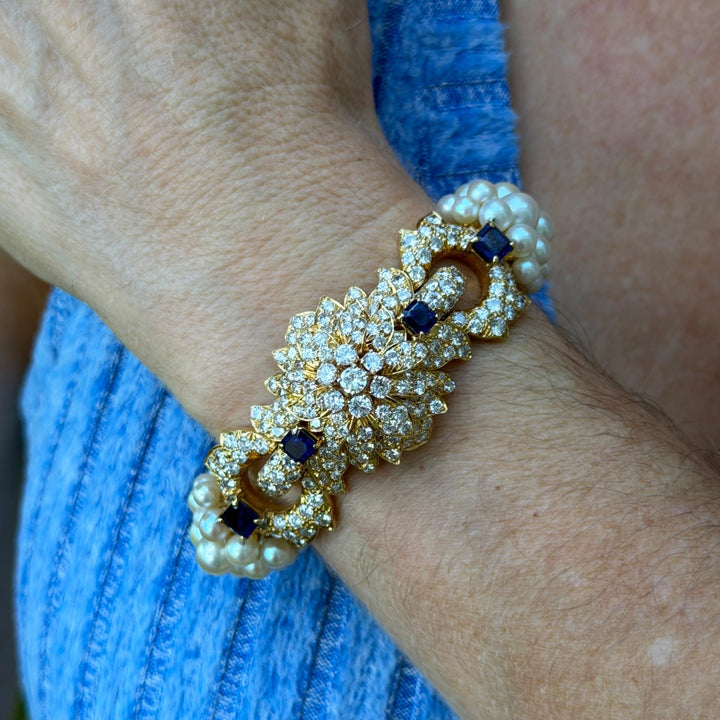 David Webb Diamond Sapphire Pearl 18 Karat Yellow Gold Vintage Bracelet