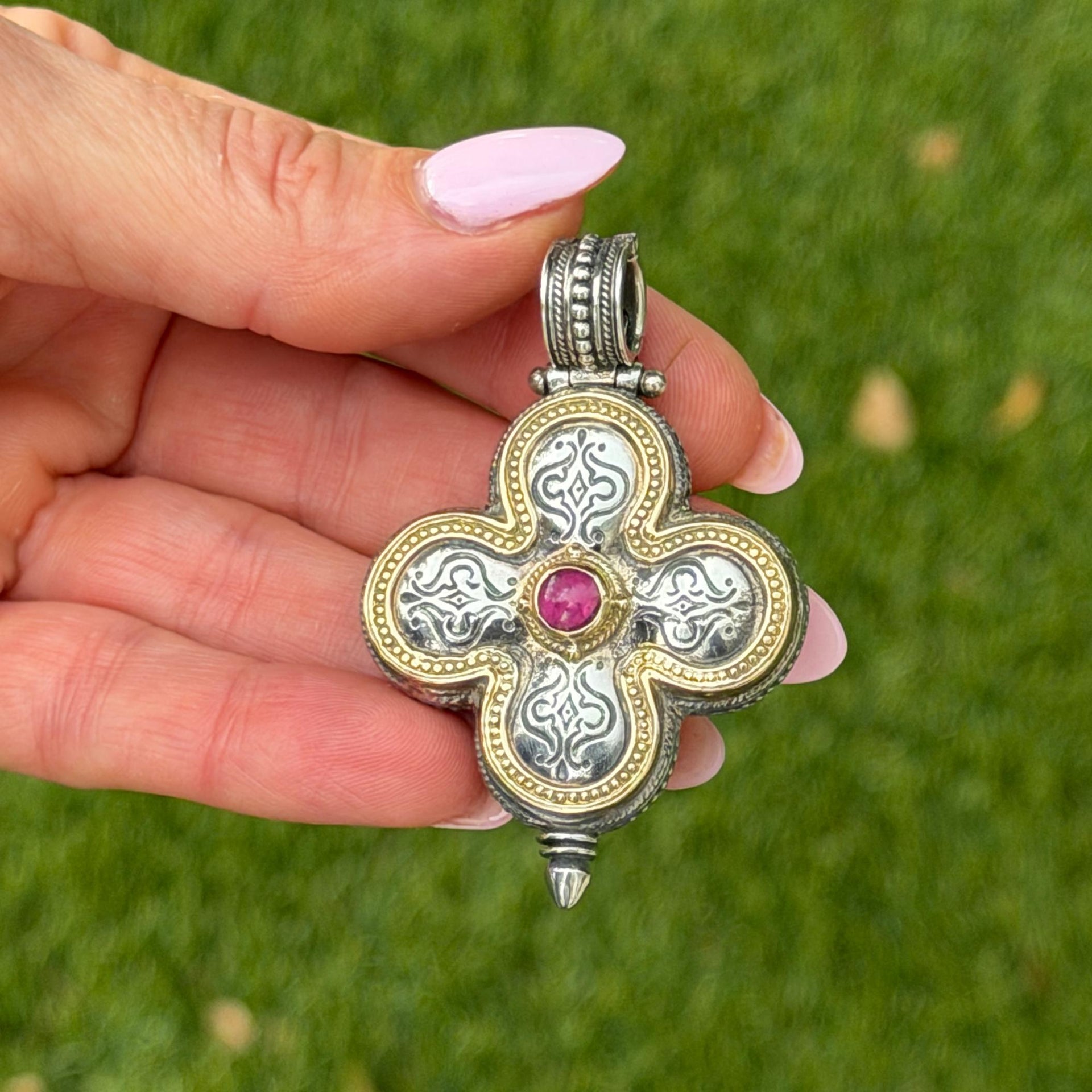 Konstantino Ruby 18 Karat Yellow Gold & Sterling Silver Cross Pendant