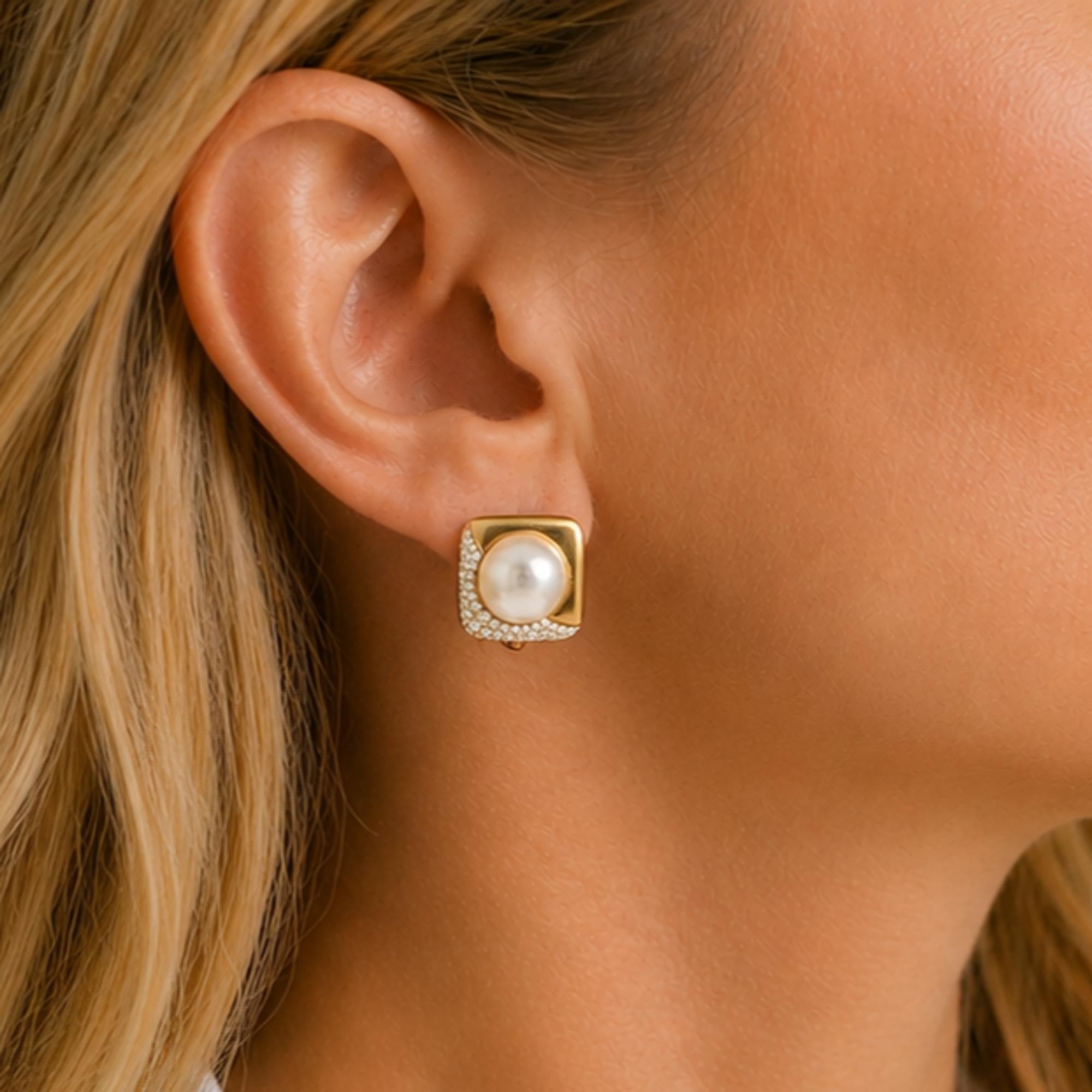 18 Karat Yellow Gold Mabe Pearl Diamond Ear Clip Earrings Circa 1980's