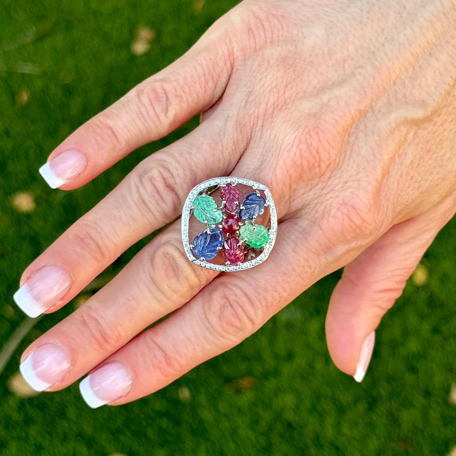 1960's Tutti Frutti Carved Emerald Sapphire Ruby Diamond 18KWG Cocktail Ring