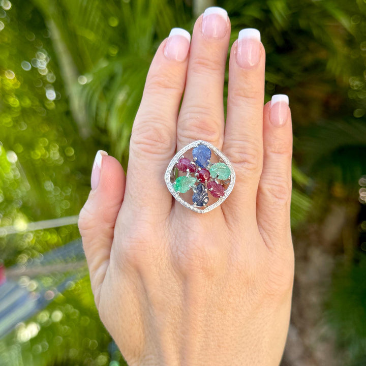 1960's Tutti Frutti Carved Emerald Sapphire Ruby Diamond 18KWG Cocktail Ring