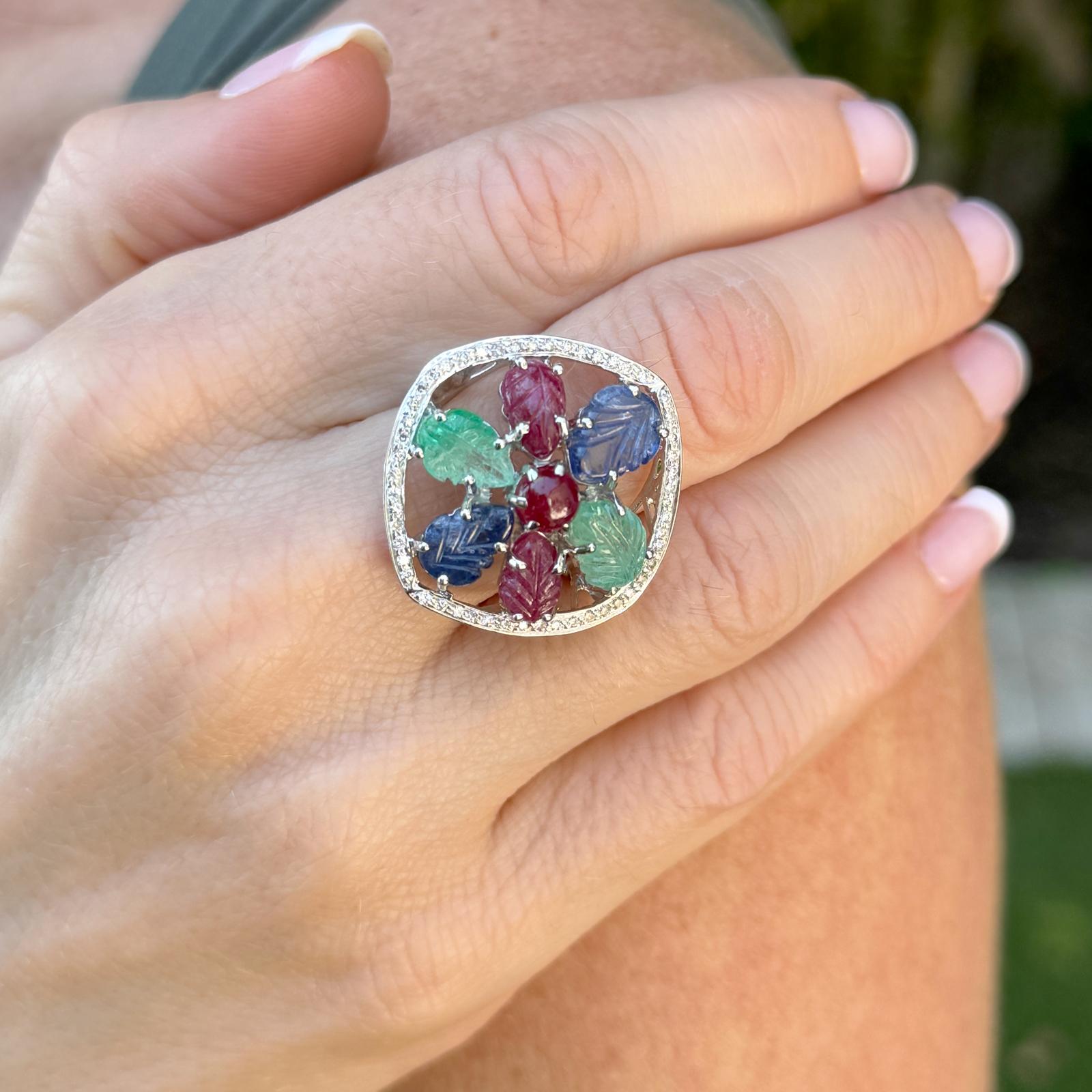 1960's Tutti Frutti Carved Emerald Sapphire Ruby Diamond 18KWG Cocktail Ring