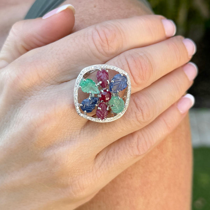 1960's Tutti Frutti Carved Emerald Sapphire Ruby Diamond 18KWG Cocktail Ring
