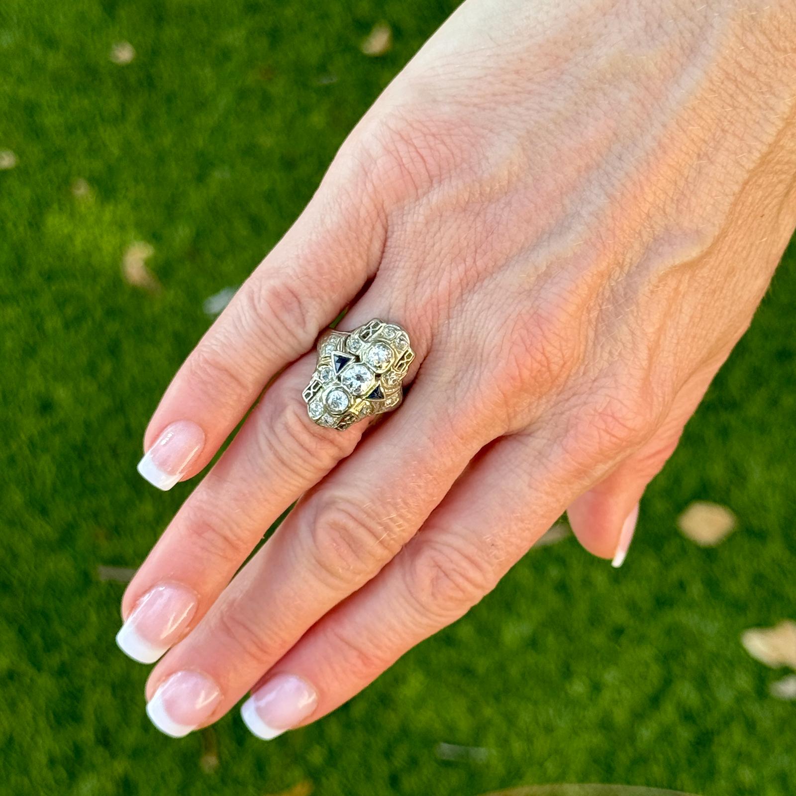 Art Deco Old European Cut Diamond 18 Karat White Gold Elongated Cocktail Ring