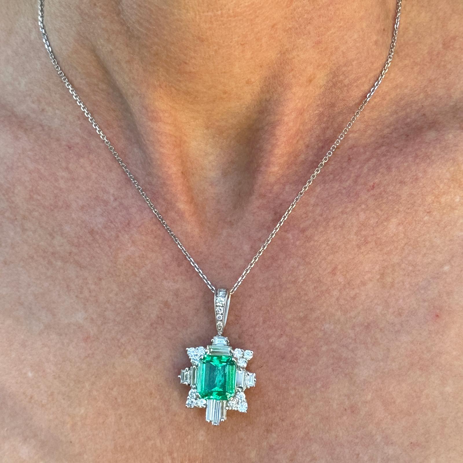 6.44 Carat Colombian Emerald Diamond 18 Karat White Gold Pendant Necklace