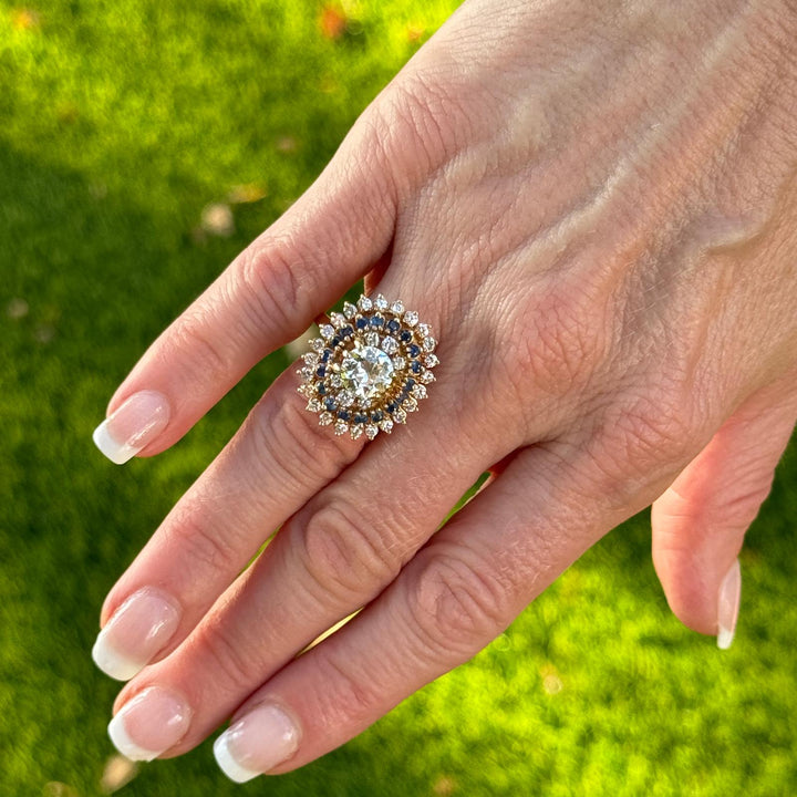 1940's Old European Cut Diamond Sapphire 14 Karat Yellow Gold Cocktail Ring