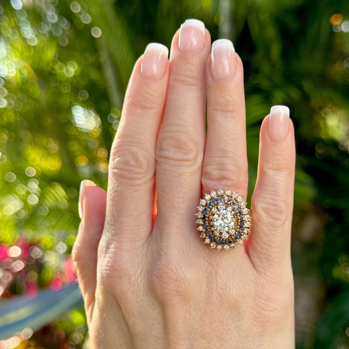 1940's Old European Cut Diamond Sapphire 14 Karat Yellow Gold Cocktail Ring